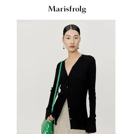 【复古袖口设计】玛丝菲尔春季新款黑色深V领轻薄针织衫商品大图