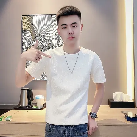 夏季男士t恤男装短袖修身半袖纯色字母满印立体潮流圆领体恤透气商品大图