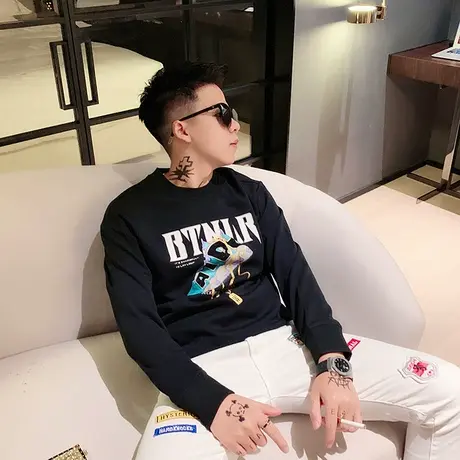 秋季男士卫衣外套上衣长袖套头潮流休闲圆领印花潮牌网红T恤体恤商品大图