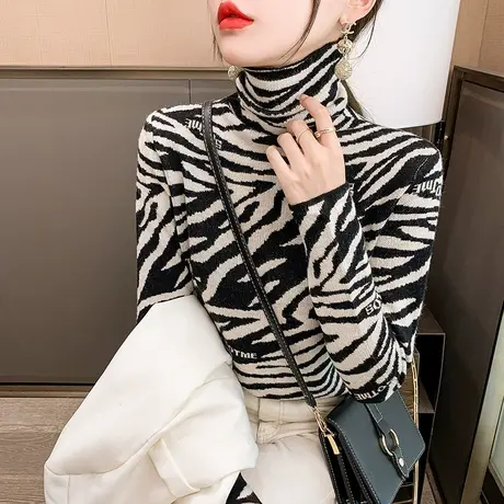 2023春秋新款韩版宽松斑马条纹针织衫套头长袖打底衫内搭毛衣上衣商品大图
