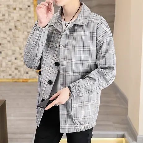 潮牌宽松翻领外套男士韩版帅气休闲夹克秋季学生ins港风格子男装商品大图