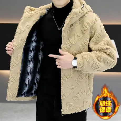 冬季潮牌男士羊羔毛夹克外套加绒加厚连帽棉服休闲颗粒绒保暖棉衣图片