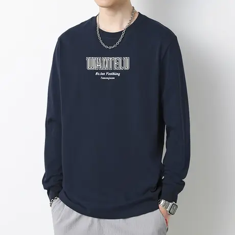 重磅纯棉t恤男长袖2023新款秋季宽松全棉内搭打底衫字母印花体恤商品大图