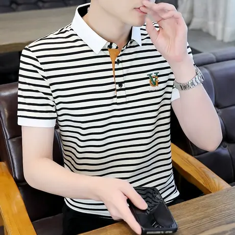 条纹polo衫男夏季翻领短袖t恤薄款潮牌高端商务休闲半袖体恤衣服商品大图