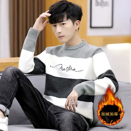 冬季男士加厚加绒毛衣圆领秋冬装修身针织衫线衣保暖衣服潮牌男装商品大图