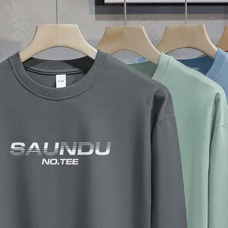 灰色卫衣男宽松潮流春秋款字母印花圆领长袖t恤加绒套头无帽上衣商品大图