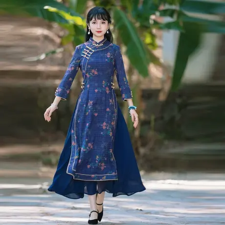 筠雅越南旗袍裙改良奥黛连衣裙女正宗长款年轻休闲复古洋气裙子商品大图