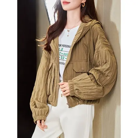 宝诗黎连帽条纹宽松外套女短款拉链上衣2023年新款时尚休闲春秋装图片