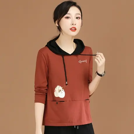 韩潮袭人连帽休闲长袖T恤衫女2023年新款秋季宽松百搭套头上衣女图片