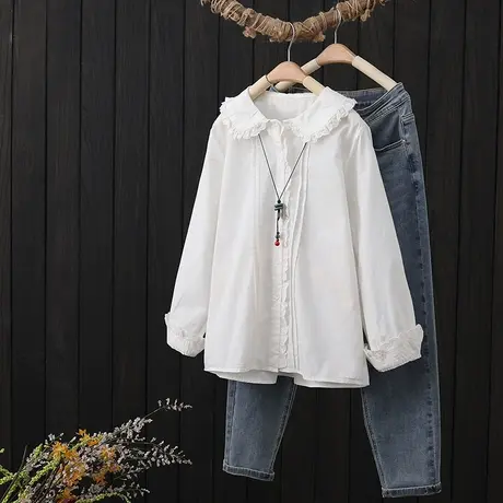 2023春季新款长袖白色衬衫女宽松娃娃领花边全棉衬衣纯色内搭上衣图片