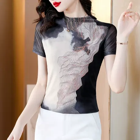 复古中国风印花短袖T恤女夏装新款洋气别致修身上衣性感网纱小衫图片