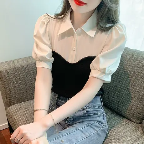 欧货泡泡袖衬衫女2024夏新款设计感小众拼接上衣别致修身针织短袖商品大图