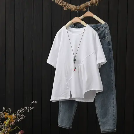 圆领白色短袖t恤女2023夏季款不规则下摆开叉打底衫半袖体恤上衣商品大图