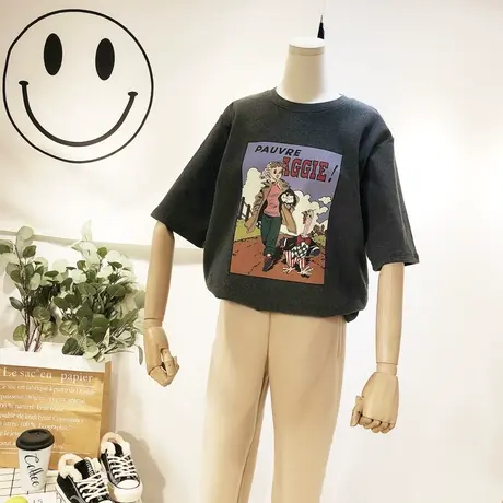 2019秋冬韩国东大门chic减龄卡通磨毛加厚T恤欧洲站半袖打底大码图片