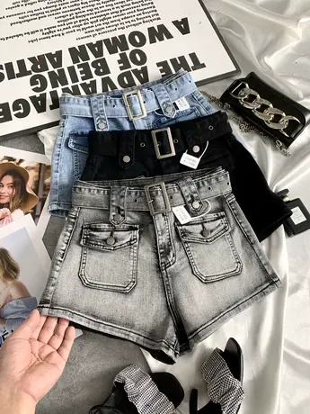 东大门口袋牛仔工装短裤2023春夏新款腰带弹力显瘦高腰裤阔腿短裤图片