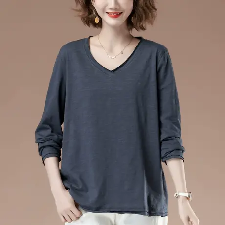 长袖t恤女春秋新款加肥加大码女装宽松中年妈妈纯棉V领显瘦打底衫商品大图