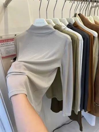 天丝面膜薄半高领打底衫女长袖T恤显瘦气质修身内搭中领上衣春秋图片