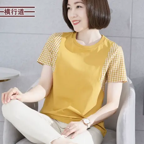 小圆领拼接格子中年妈妈装休闲宽松短袖t恤打底衫半袖上衣夏装女商品大图