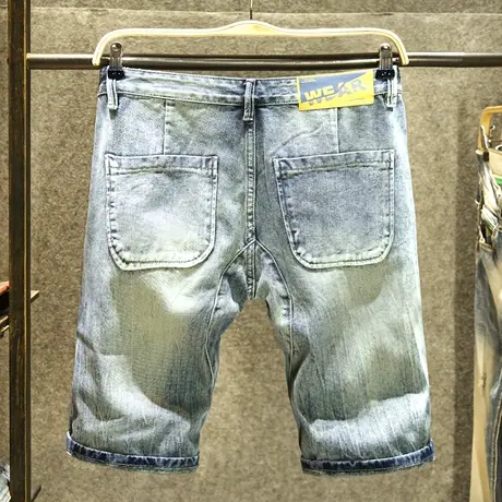 夏季宽松直筒牛仔短裤男款复古怀旧潮流五分裤潮牌斜口袋薄款马裤商品大图