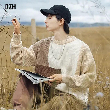 男士拼色毛衣男冬季慵懒宽松加厚上衣圆领长袖针织衫2025新款线衣商品大图