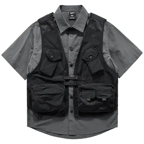 VIP机能短袖衬衫男夏季马甲拼接假两件上衣户外工装设计感衬衣潮商品大图