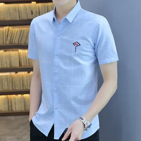 男士休闲格子短袖衬衫夏季商务青中年条纹免烫抗皱寸衫时尚衬衣男商品大图