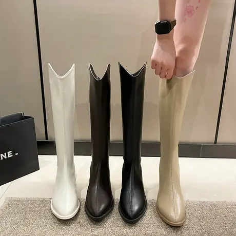 米白色加绒骑士靴2023秋冬新款V口尖头高筒长靴小个子长筒靴子女商品大图