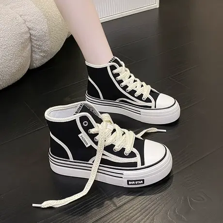 高帮帆布鞋女春季2023新款网红超火时尚百搭厚底松糕休闲运动板鞋图片