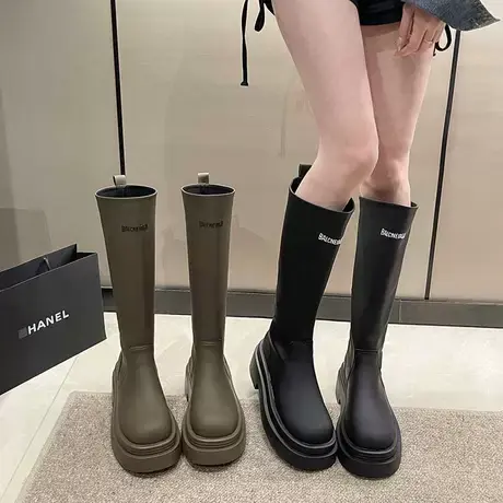 长筒靴女2023年春秋季新款小个子粗腿显瘦百搭单靴粗跟厚底骑士靴图片
