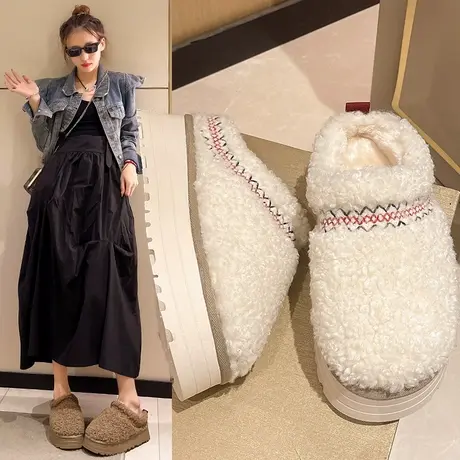 毛毛拖鞋女冬外穿2024新款冬季加绒雪地靴女款棉拖厚底包头半拖鞋商品大图