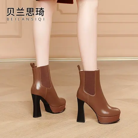 真皮圆头防水台超高跟短靴女鞋秋冬季新款棕色厚底粗跟马丁靴图片