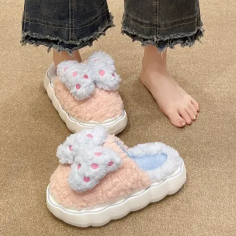 可爱波点蝴蝶结棉拖鞋女秋冬季室内家用毛绒保暖厚底增高包头拖鞋商品大图