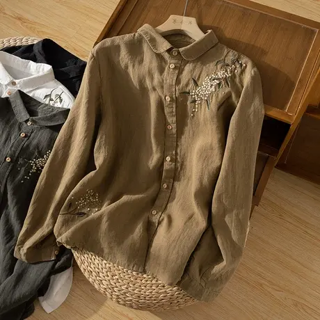 享永子刺绣亚麻衬衫女高级感文艺复古棉麻上衣春秋款休闲2023新款商品大图