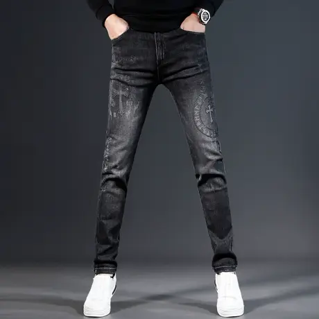 欧美牛仔裤男款修身小脚秋冬款烫钻印花高端弹力潮流男士裤子黑色商品大图