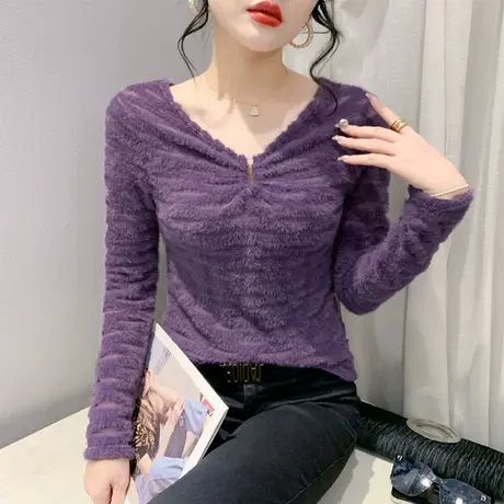 欧货时尚气质水貂毛长袖打底衫性感镂空内塔上衣女蕾丝修身百塔潮商品大图