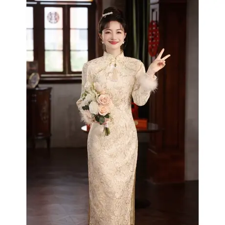 香槟色旗袍敬酒服2023新款新娘冬季长袖加厚保暖中式订婚裙礼服女商品大图