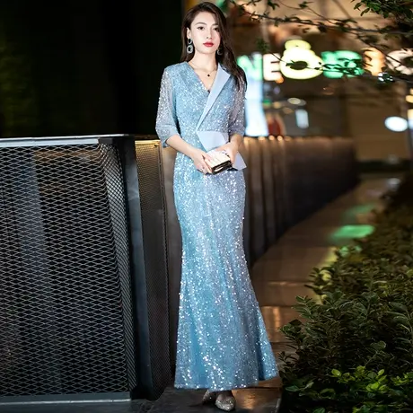 晚礼服女2024新款长款蓝色主持人v领气质高级年会宴会鱼尾裙性感图片