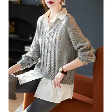 宝诗黎假两件钉珠拼接宽松毛衣2024春季新款简约气质休闲百搭上衣商品大图