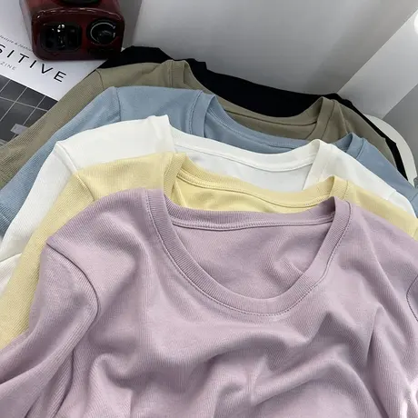软绵绵的 垂感正肩短袖t恤女夏季薄款小个子温柔纯色修身显瘦上衣商品大图