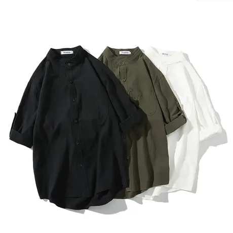 亚麻衬衫男夏季短袖潮流宽松帅气日系胖子休闲半袖衬衣加肥加大码商品大图