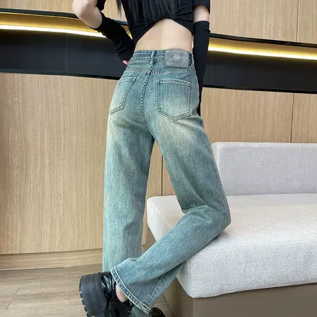 复古阔腿牛仔裤女2024春秋新款宽松显瘦高腰小个子窄版直筒拖地裤商品大图