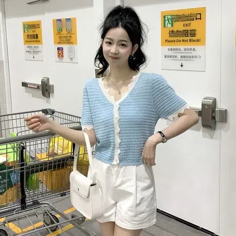 唐狮2023甜美撞色短袖T恤女夏季新款别致修身蓝色针织衫上衣小众x商品大图