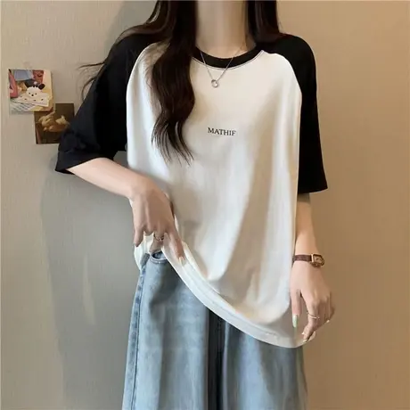 2024新款纯棉插肩短袖T恤女夏季百搭宽松显瘦外穿打底衫短袖上衣图片