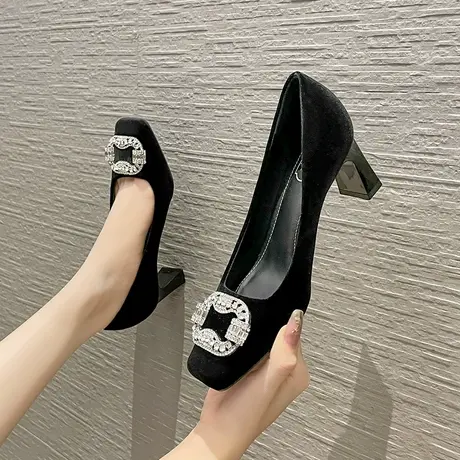 黑色高跟鞋女2024春季新款气质百搭浅口绒面方头水钻粗跟职业单鞋图片