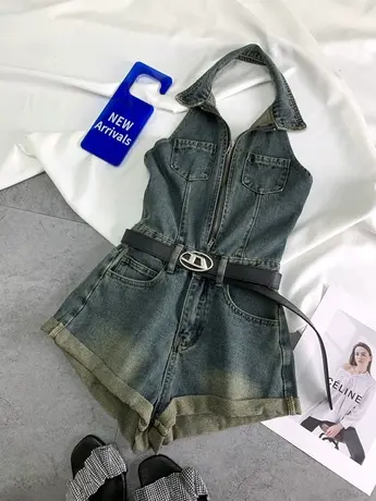 美式复古牛仔连体裤2024春新款显瘦百搭高腰卷边短裤翻领无袖挂脖商品大图