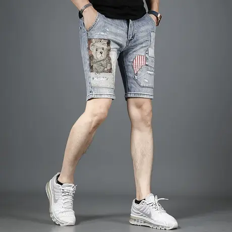 2023夏季新款牛仔短裤男五分裤破洞拼接刺绣个性潮流男士中裤潮牌商品大图