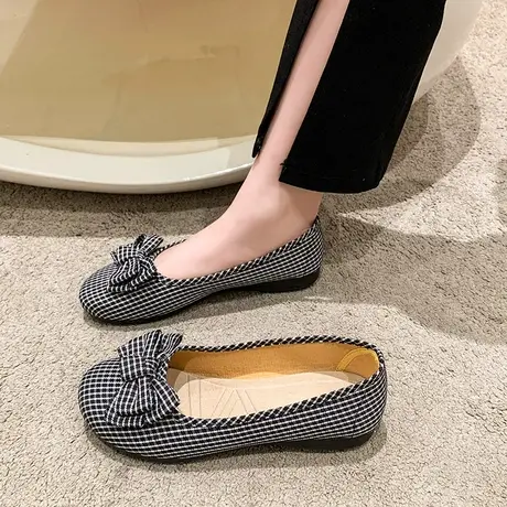 春季新款老北京布鞋女黑色工作鞋格子布面鞋蝴蝶结豆豆鞋软底防滑商品大图