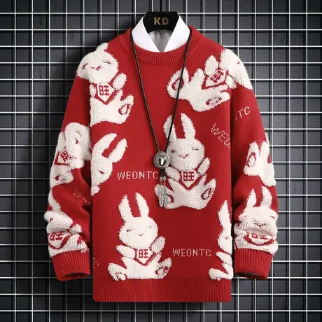 属兔本命年毛衣男女潮流休闲加厚情侣装圆领针织衫绵羊绒毛线衣商品大图