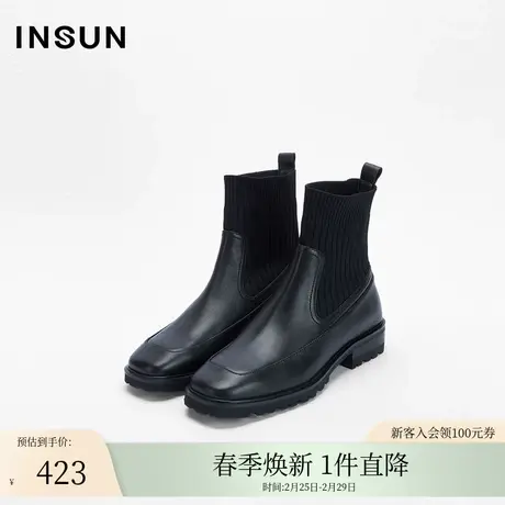 INSUN恩裳秋季真皮针织低跟短靴皮靴图片