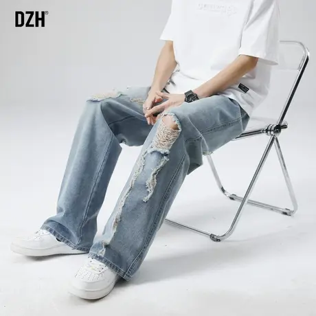 男生裤子男款春季美式破洞牛仔裤男2024新款宽松阔腿裤休闲裤长裤商品大图